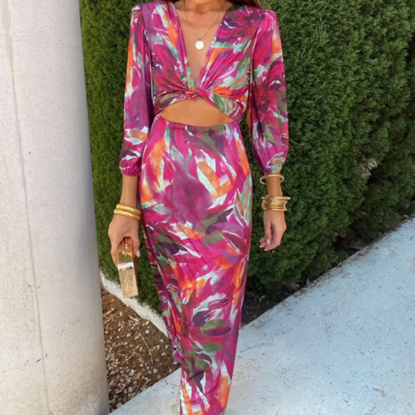 Women’s Printed V-Neck Bubble Sleeve Dress – Mid-Length Exposed Navel Elegance for Office & Events | Pink, Purple