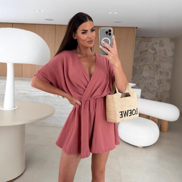 Women’s High Waist V-Neck Jumpsuit – Summer Short Romper in Stretchy Polyester | 7 Classic Shades (S-2XL) - Image 8