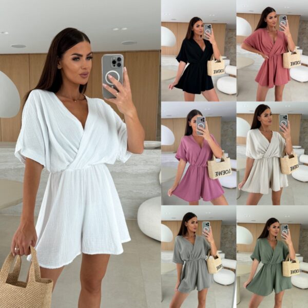 Women’s High Waist V-Neck Jumpsuit – Summer Short Romper in Stretchy Polyester | 7 Classic Shades (S-2XL)