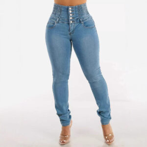 Women’s Stretch Slimming High Waist Jeans – European & American-Inspired Pencil Pants with Stitching Details | Dark & Light Blue