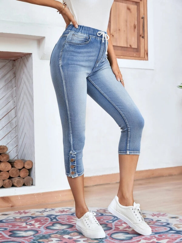 Women’s Stretch Denim Jeans – Elastic Waistband & Lace-Up Detail in Light Blue | Comfort Fit - Image 2