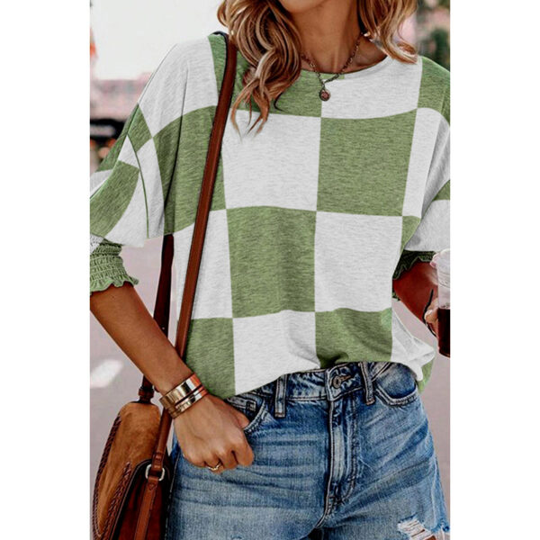 Women’s Plaid Round Neck Pullover – Casual Contrast Color Lightweight Sweater | Half-Sleeve All-Match Top - Image 3