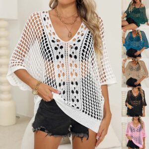 Women’s Sexy Cutout Batwing Sleeve Cover-Up – Loose Beach Shirt for Swimwear in 6 Colors