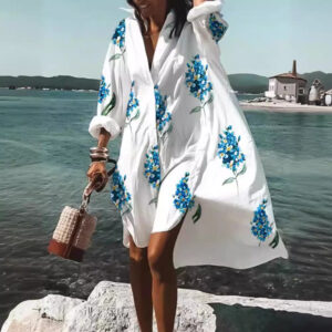 Women’s Floral Digital Print Shirt Dress – Loose Fit Lapel Long Sleeve with A-Line Skirt | Florals, Abstracts