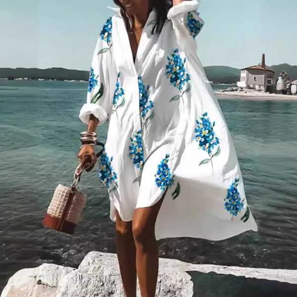 Women’s Floral Digital Print Shirt Dress – Loose Fit Lapel Long Sleeve with A-Line Skirt | Florals, Abstracts