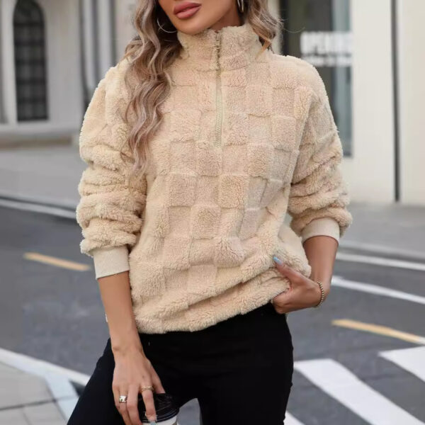 Women’s Plaid Jacquard Pullover – Half Zip Stand Collar Oversized Sweater in Apricot | Street Hipster Style