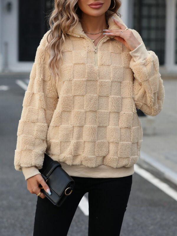 Women’s Plaid Jacquard Pullover – Half Zip Stand Collar Oversized Sweater in Apricot | Street Hipster Style - Image 3