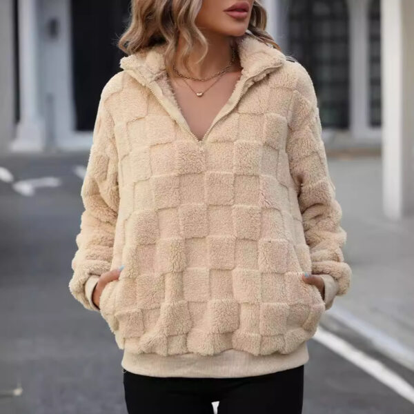 Women’s Plaid Jacquard Pullover – Half Zip Stand Collar Oversized Sweater in Apricot | Street Hipster Style - Image 2