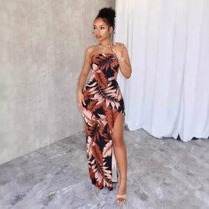 Women’s Floral Print High Slit Maxi Dress – Wrapped Chest Asymmetric Skirt for Street Fashion