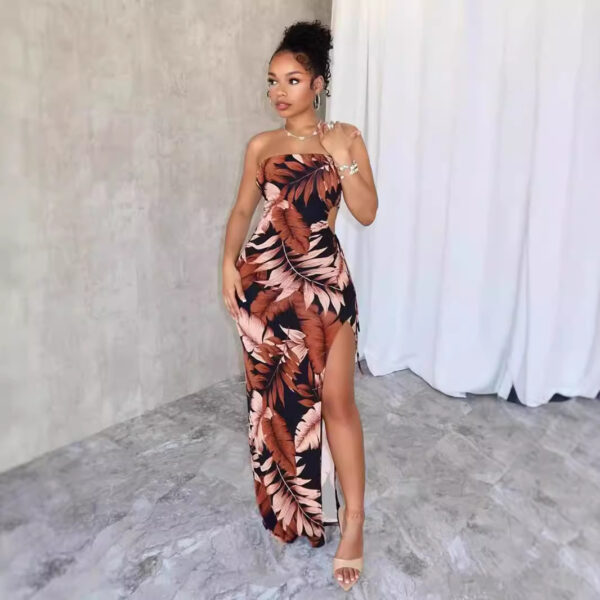 Women’s Floral Print High Slit Maxi Dress – Wrapped Chest Asymmetric Skirt for Street Fashion