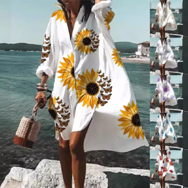 Women’s Floral Digital Print Shirt Dress – Loose Fit Lapel Long Sleeve with A-Line Skirt | Florals, Abstracts - Image 10