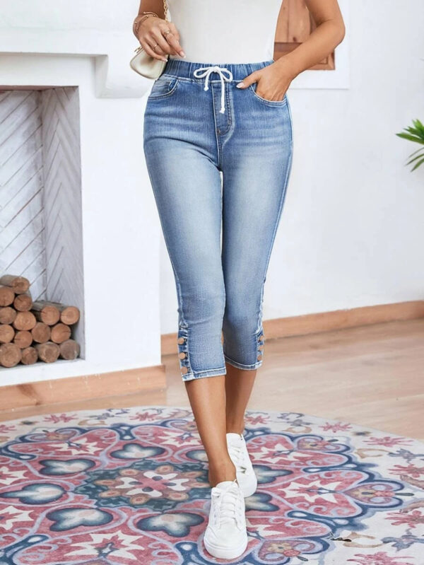 Women’s Stretch Denim Jeans – Elastic Waistband & Lace-Up Detail in Light Blue | Comfort Fit - Image 6
