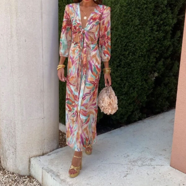 Women’s Printed V-Neck Bubble Sleeve Dress – Mid-Length Exposed Navel Elegance for Office & Events | Pink, Purple - Image 3