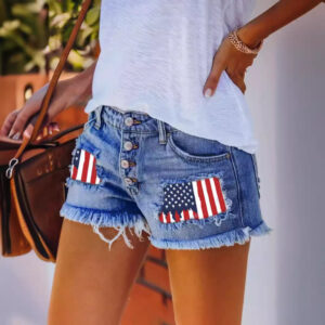 Women’s Ripped Denim Shorts – High Waist Flag Patch Tassel Design | European Streetwear