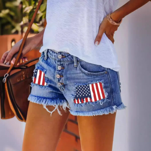 Women’s Ripped Denim Shorts – High Waist Flag Patch Tassel Design | European Streetwear