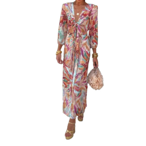 Women’s Printed V-Neck Bubble Sleeve Dress – Mid-Length Exposed Navel Elegance for Office & Events | Pink, Purple - Image 2