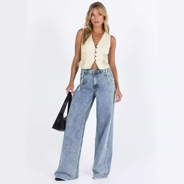 Women’s Distressed Loose Denim Pants – Japanese-Korean Casual Mid Waist Trousers | Light Blue & White - Image 3