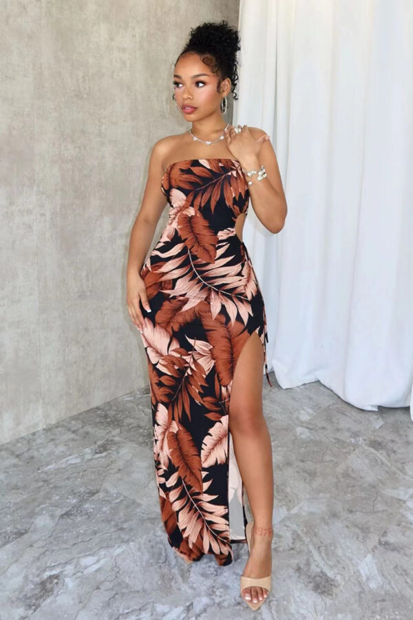 Women’s Floral Print High Slit Maxi Dress – Wrapped Chest Asymmetric Skirt for Street Fashion - Image 5