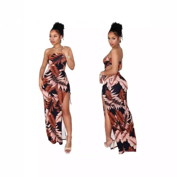 Women’s Floral Print High Slit Maxi Dress – Wrapped Chest Asymmetric Skirt for Street Fashion - Image 3