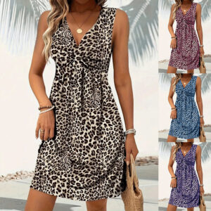 Women’s Leopard Print Backless Dress – Mid Waist A-Line Casual Strap Dress for Office-to-Evening | Black, Red, Blue, Purple