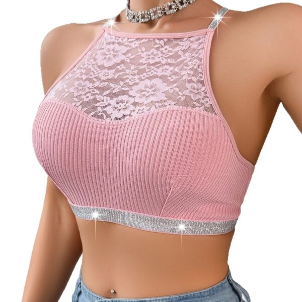 Backless Halter Vest – Silver Ribbon Stitching Seamless Top with Cotton Support | Pink, Black, Red - Image 4
