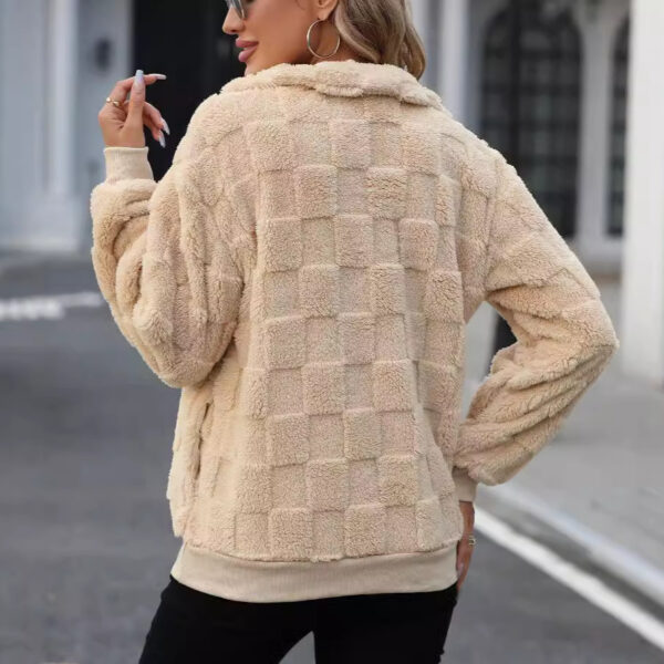 Women’s Plaid Jacquard Pullover – Half Zip Stand Collar Oversized Sweater in Apricot | Street Hipster Style - Image 4
