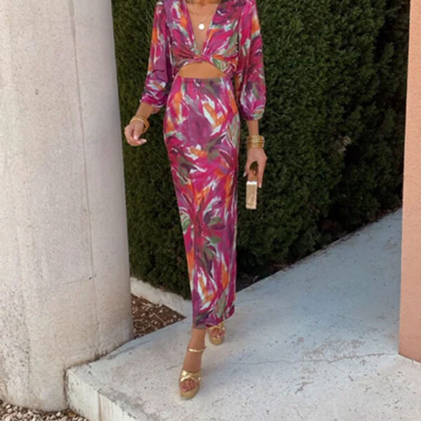 Women’s Printed V-Neck Bubble Sleeve Dress – Mid-Length Exposed Navel Elegance for Office & Events | Pink, Purple - Image 5