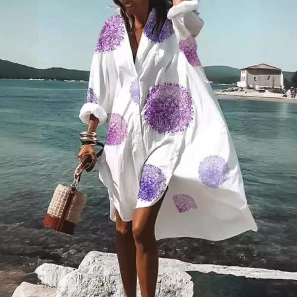 Women’s Floral Digital Print Shirt Dress – Loose Fit Lapel Long Sleeve with A-Line Skirt | Florals, Abstracts - Image 2