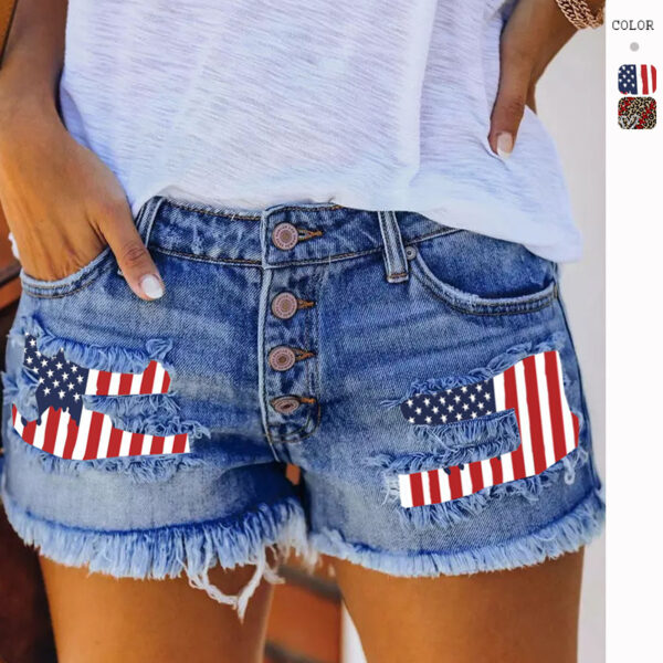 Women’s Ripped Denim Shorts – High Waist Flag Patch Tassel Design | European Streetwear - Image 2