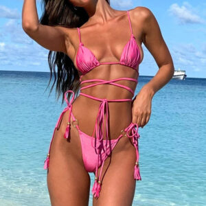 Women’s Sexy Hollow-Out Bikini Set – Cross String Thong Swimsuit with Removable Padding | Purple, Black, Floral