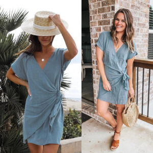 Women’s V-Neck Lace-Up Dress – High Waist Asymmetric Hem in White, Blue & Black