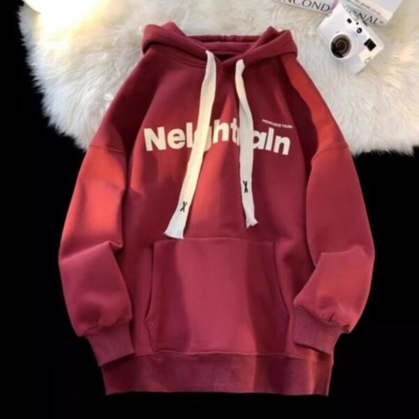 Wine Red Hooded Sweater – Loose Fit Winter Pullover with Wool Lining for Teens | Velvet & Fine Textures - Image 8