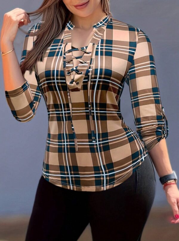 Women’s Criss Cross Tie Notch Neck T-Shirt – Semi-Sheer Polyester Top for Layering & Casual Wear - Image 4