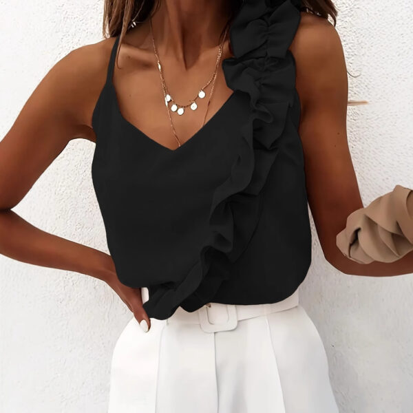 Women’s Black Lotus Leaf Lace Camisole – Slim Fit Sleeveless Top for Summer, Travel & Casual Wear