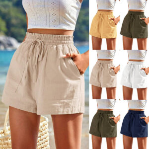 Women’s High Waist Wide Leg Shorts – Linen-Style Leisure Pants with Pockets | Solid Colors