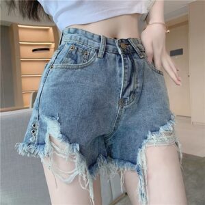 Women’s Vintage High Waist Denim Shorts – Distressed Frayed Hem & Slimming Fit | Black, Blue