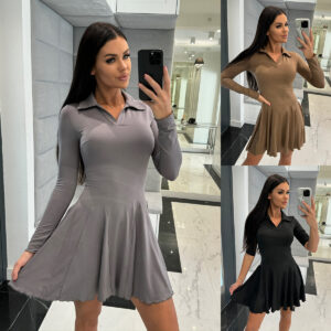 Women’s Solid Color Lapel Dress – Waist-Tight Long Sleeve with Ruffled Flounce Skirt | Gray, Brown, Black