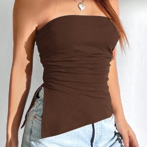 Solid Color Ruched Bandeau Cami Top – Slim Fit Strapless Top with Side Slit Hem & High Stretch | Casual Sleeveless Wear