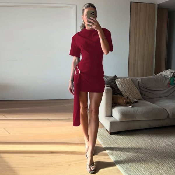 Women’s Round Neck A-Line Dress – Half-Sleeve Office Commute Dress in Black & Wine Red - Image 2