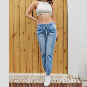 Women’s Elastic Waist Skinny Jeans – Light Blue High-Stretch Japanese Casual Pants with Lace-Up Detail