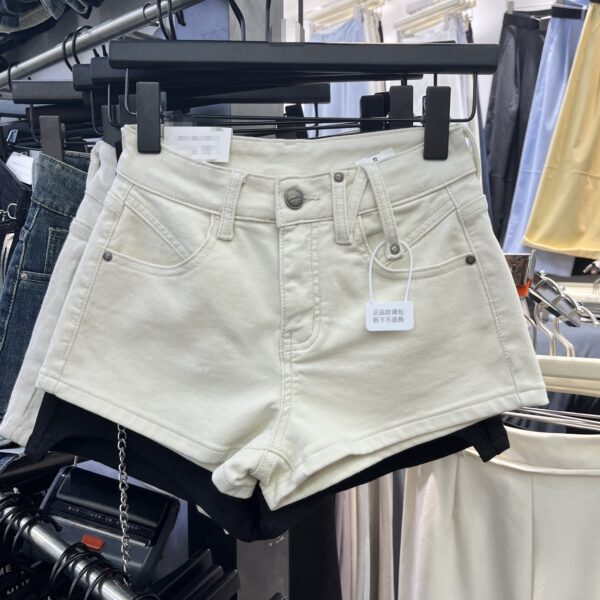 Women’s High Waist Slim Fit Denim Hot Pants – Brushed Texture in Beige, Black & Light Blue - Image 3