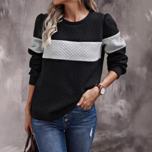 Women’s Vintage Textured Hoodie – Loose Fit Contrast Knit Long Sleeve for Spring & Autumn