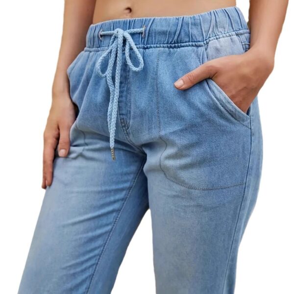 Women’s Elastic Waist Skinny Jeans – Light Blue High-Stretch Japanese Casual Pants with Lace-Up Detail - Image 3