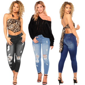 Women’s High-Waisted Ripped Denim Pants – Cropped Stretch Jeans for Street Style | Gray, Black, Blue