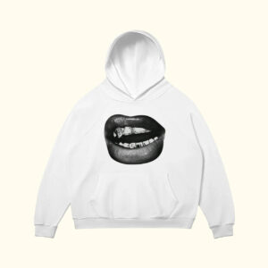 Retro Lip Print Hoodie – Oversized Streetwear Pullover with Pocket | Trendy Hipster Style in White & Black