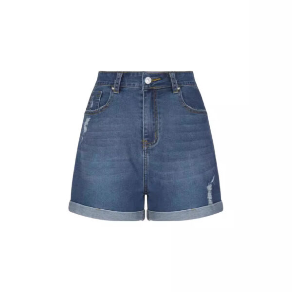 Women’s High Waist Distressed Denim Shorts – Slim-Fit Curling Hem Organic Cotton | Dark Blue - Image 3