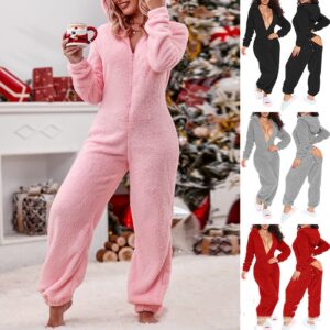 Women’s Plush Hooded Jumpsuit – Cozy Long Sleeve Loungewear Pajamas with Snug Fit | Sizes S-XX
