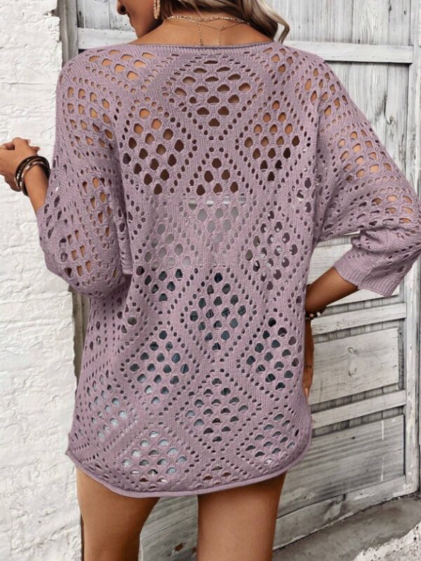 Women’s Sheer Hollow Knit Top – Loose Drop Shoulder Pullover with Botanical & Abstract Prints | Dusty Purple Spring/Fall Essential - Image 2