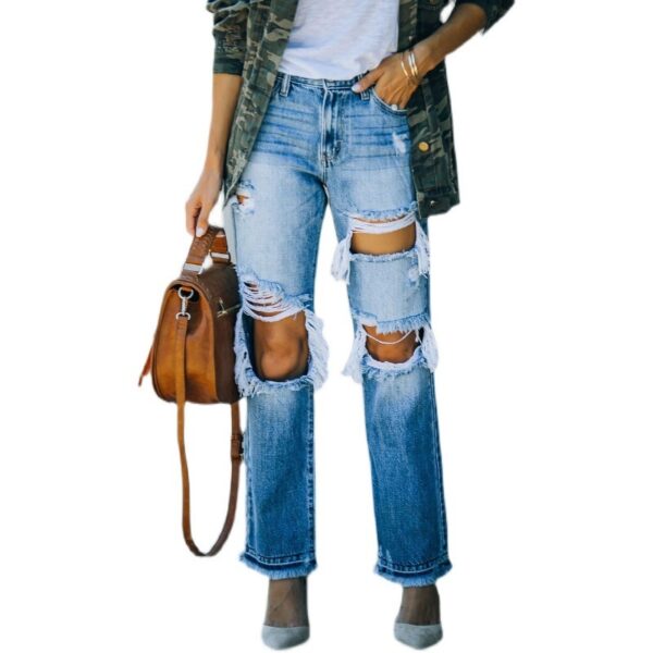 Women’s Ripped Straight Leg Jeans – Distressed Denim Pants with Handmade Wear Details | Light Wash & Blue - Image 6