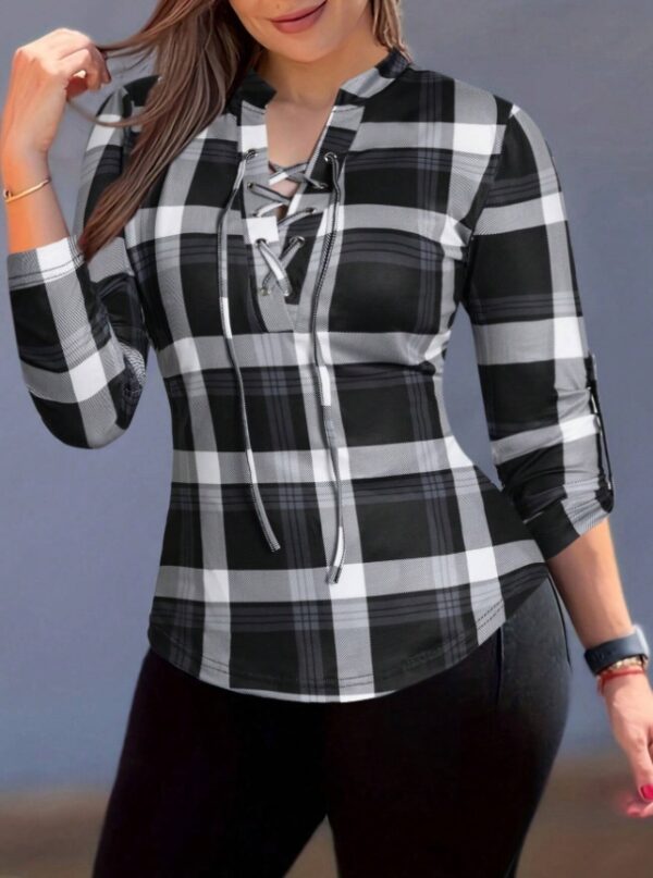 Women’s Criss Cross Tie Notch Neck T-Shirt – Semi-Sheer Polyester Top for Layering & Casual Wear - Image 2